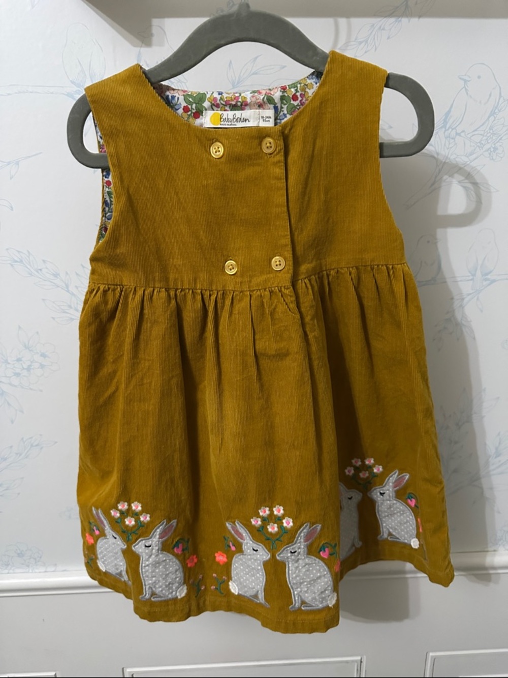 Baby Boden Mustard Corduroy Bunny Embroidered Dress 18-24